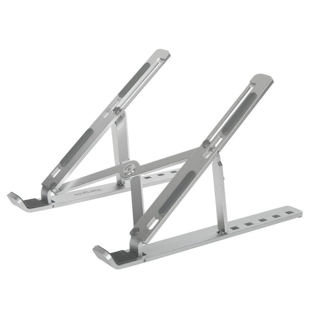 Targus AWE810GL Portable Ergonomic Tablet/Laptop Adjustable Stand in silver aluminum with six adjustable heights and rubber grips, supporting 10-15.6 inch devices, folding flat for portability and storage, suitable for improving posture and reducing neck strain.