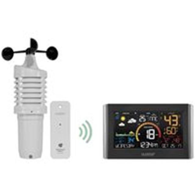 LA Crosse Technology 1180033 Wireless Wi-Fi Weather Station with SPD, featuring a multicolour LCD display, wind speed sensor, rain sensor, and temperature and humidity sensor. The system includes built-in Wi-Fi for remote monitoring and connects to the La Crosse View App for enhanced functionality. The sensors are designed for durability and accuracy, with a 400-foot transmission range and user-friendly features like a self-emptying rain bucket and replaceable wind cups.