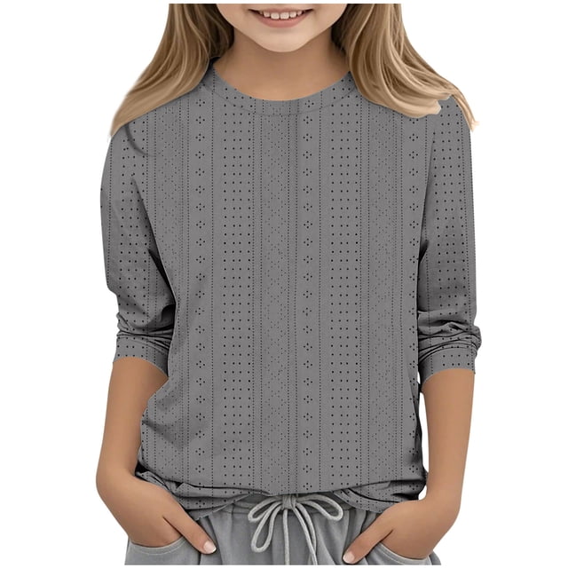 Plebaso Blouse Décontractée à Manches 3/4 pour Filles, Col Rond, Couleur Unie, Ajourée