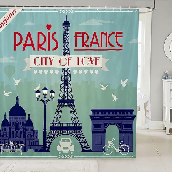 Rideau de Douche Vélo Paris France Abstrait Voiture de Course Rideau de Bain pour Fille, Romantique Bâtiment de Ville Baignoires Ensemble de Rideau de Douche Moto hors Route Rideau de Douche Tissu Rideau Suspendu à Thème Paris 72"L X 84"H