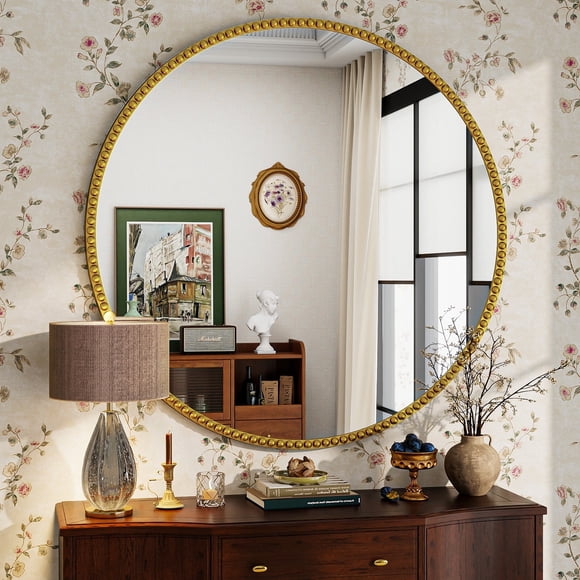 BEAUTYPEAK 32" Round Bathroom Mirror Vanity Mirror Wall Mounted With Beaded Frame,Gold