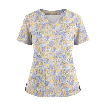 Ktyne Hauts de Sarrau pour Femmes Col en V Hauts de Sarrau Médicaux Manches Courtes Extensibles Tunique d'Infirmière Blouse Mode Hauts de Sarrau avec Poche Jaune m