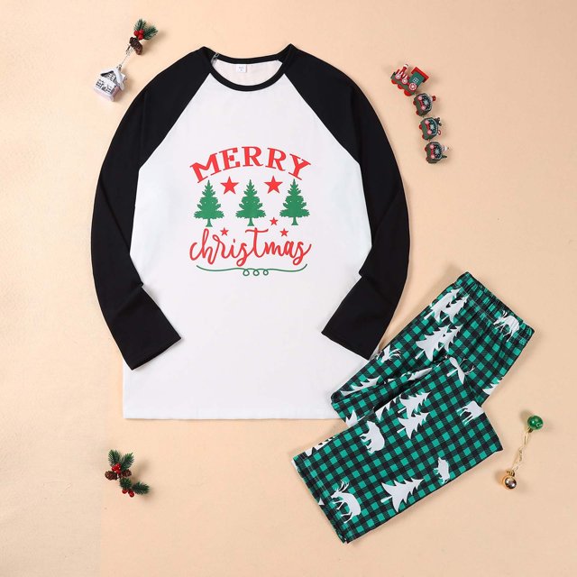Ensemble de Pyjamas Tenue Parent-Enfant Costumes de Noël Patchwork à Carreaux Imprimés Tenue d'Intérieur Col Rond Manches Longues Pyjamas Ensembles Deux Pièces Pyjamas Assortis pour la Famille en Liquidation