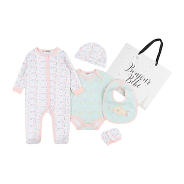 Bonjour Bebe Ensemble Layette Marguerites 5 Pcs – Essentiels pour Bébé 100 % Coton, Dormeuse, Cache-Couche et Plus – Cadeau Adorable et Confortable pour Bébés Garçons et Filles