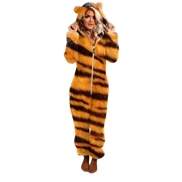 Pyjama Grenouillère pour Femmes Unisexe Grenouillère Léopard à Capuchon Pyjama à Fermeture Éclair Manches Longues Combinaison Peluche