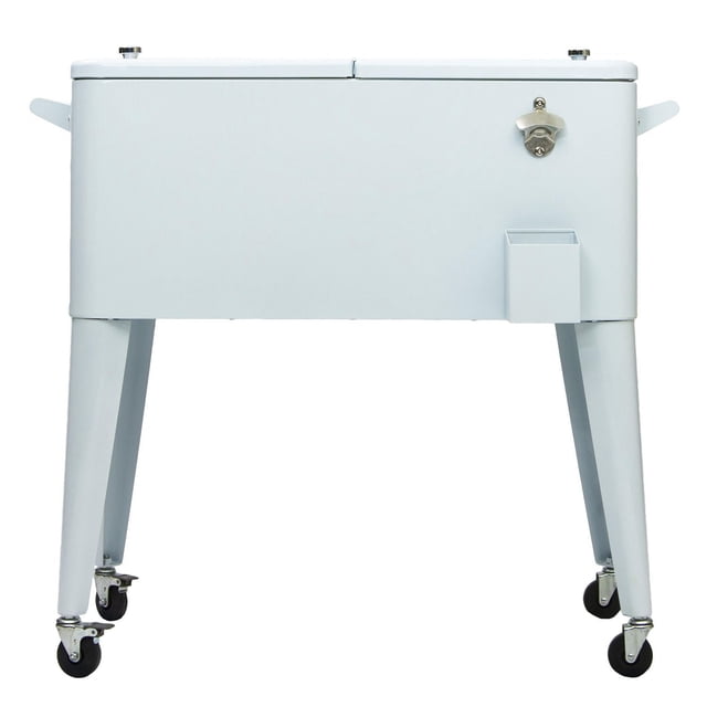 Permasteel Glacière de Patio Extérieure 80 Qt en Blanc avec construction en Acier Enduit de Poudre, Quatre Roues Pivotantes Incluant Deux Loquets, Doubles Couvercles pour un Accès Facile, Deux Poignées Latérales, un Ouvre-Bouteille Intégré et un Contenant avant pour Accessoires, Conçue pour Garder les Boissons Froides jusqu'à 36 Heures, Convient Aussi pour Ranger de la Glace Ou des Collations Froides Lors de Rassemblements Extérieurs.