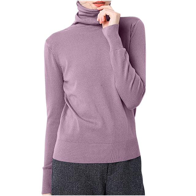 AherBiu Hauts d'Hiver pour Femmes Col Roulé Manches Longues Blouse en Coton Tricoté Chandail T-Shirts Basiques