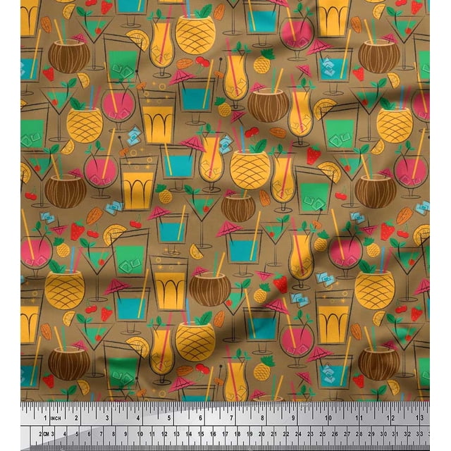 Soimoi polyester Crepe Fabric Straw,Glass & Coconut Drink Summer Designs Fabric Prints By Yard 42 Inch Wide