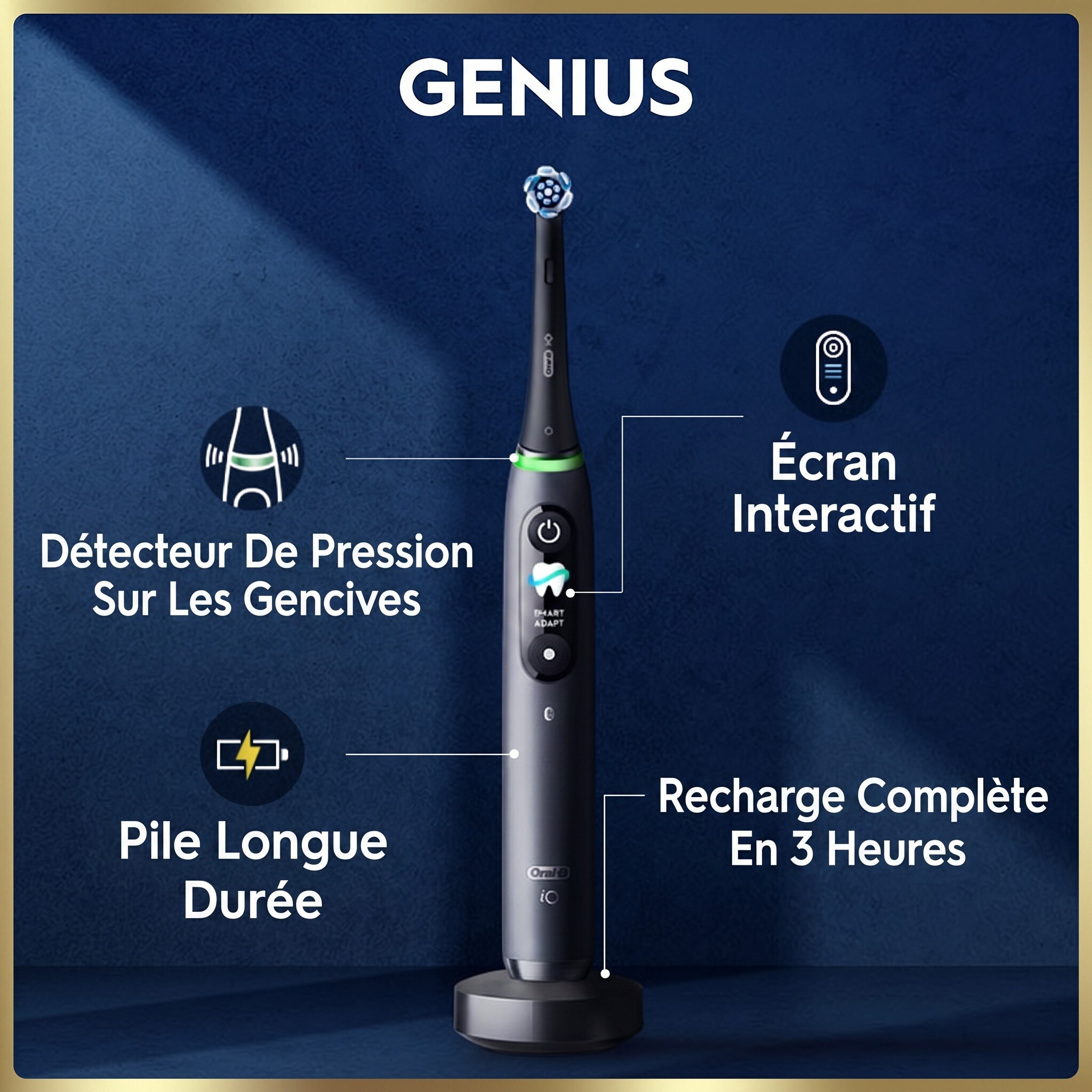 Brosse à dents électrique rechargeable Oral-B, iO9 Genius, 7 modes de nettoyage, écran interactif, étui de voyage avec chargeur intégré, détecteur de pression visible, 4 brossettes, bleu saphir