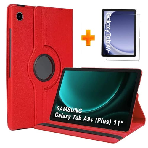 SuperShield Cases for Samsung Galaxy Tab A9 Plus/+ 11 Inch 2023 Case with Tempered Glass Screen Protectors, Translucent Rotating Cover for Samsung Tab A9 Plus Tablet (SM-X210/X216/X218) - Red