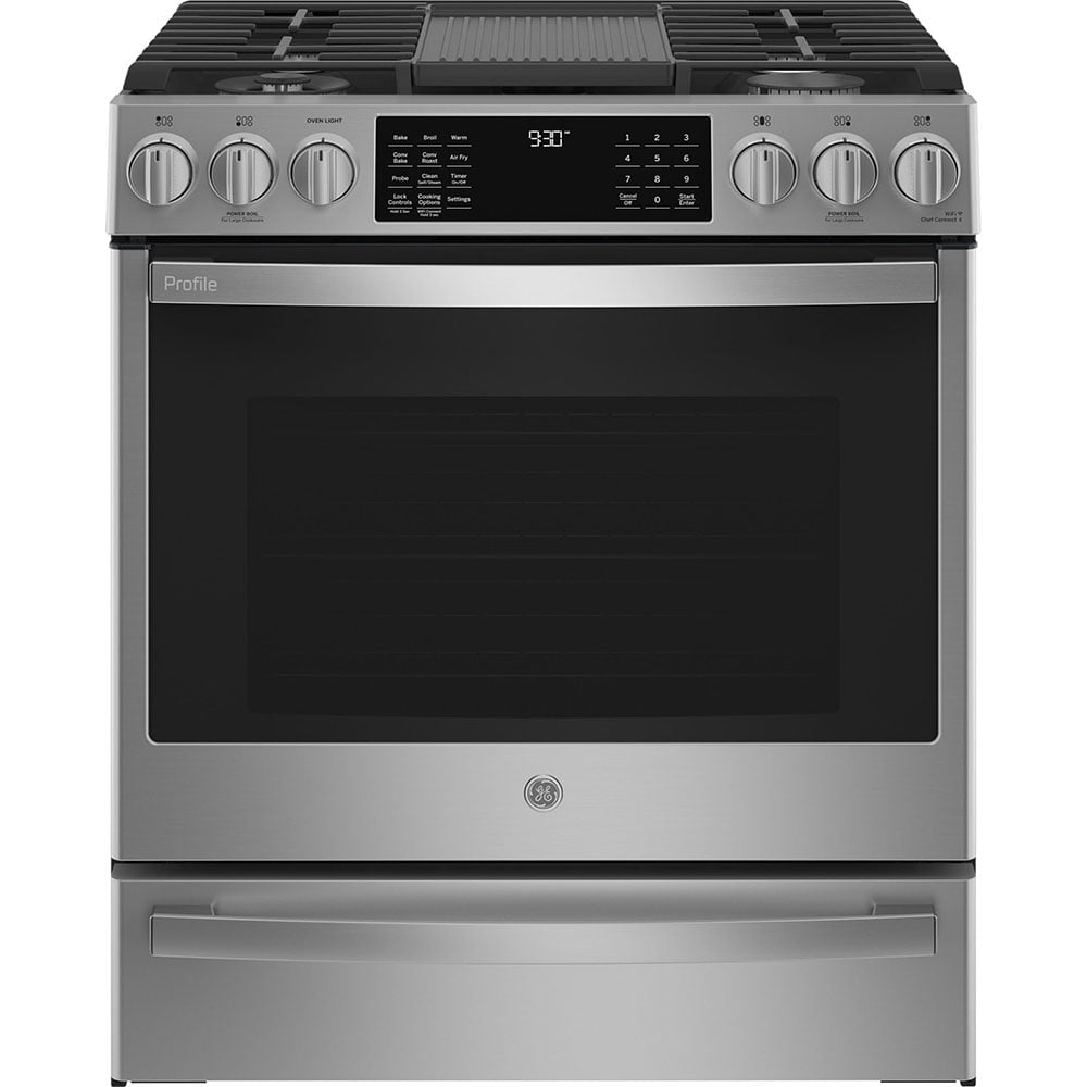 GE Profile Cuisinière à Gaz de 30 Pouces avec Wi-Fi et Friture à Air Sans Préchauffage en Acier Inoxydable - PCGS930YPFS