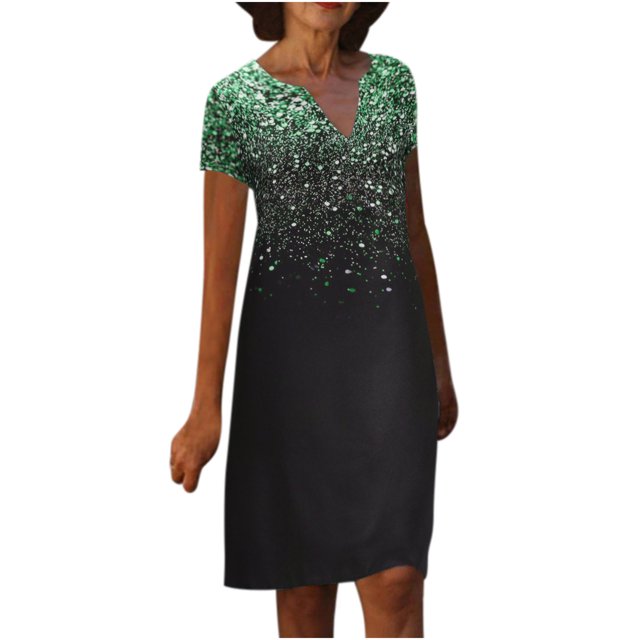 Robes à Manches Courtes pour Femmes, Teinture sur Nœuds Floral, Col en V, Robe Midi Évasée, Été, Décontractée, Coupe Ample, Robe à Enfiler Longueur Genou