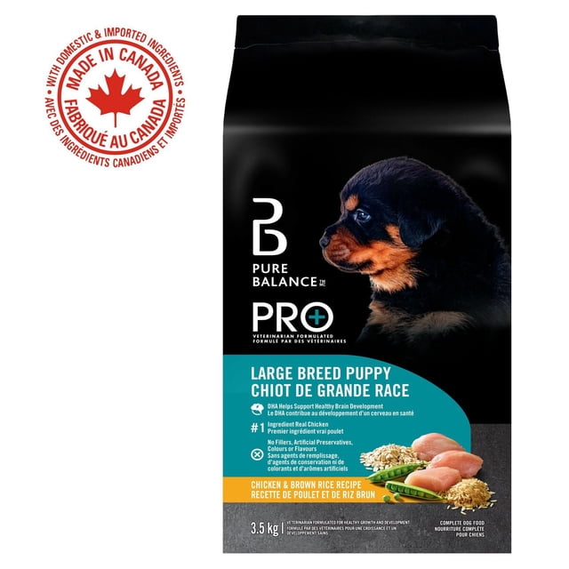 Pure Balance Pro+ Large Breed Puppy Chicken & Brown Rice Recipe dry dog food bag featuring a black and tan puppy profile, highlighting real chicken as the first ingredient, DHA for brain development, no fillers or artificial preservatives, with images of chicken, brown rice, peas, and carrots, weighing 3.5 kg, and a red 'Made in Canada' maple leaf seal.