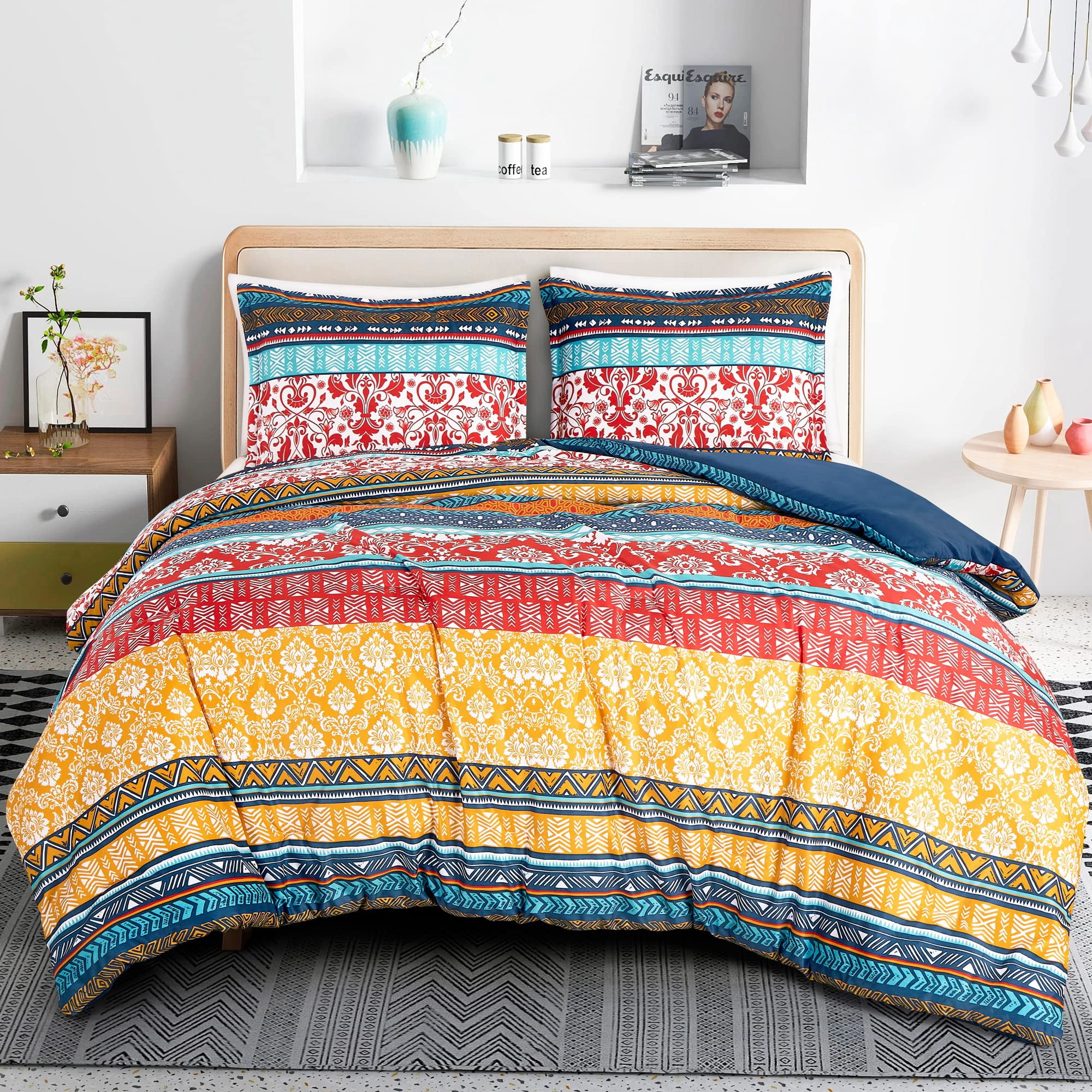 Chezmoi Collection Amara 3-Piece Boho Stripe Full Comforter Set - Floral Colorful Bohemian Printed Microfiber Lightweight Bedding Set