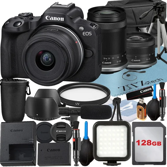 Canon EOS R50 Appareil Photo Sans Miroir avec Objectif RF-S 18-45mm + 18-150mm + Carte Mémoire 128 Go + Étui + Flash LED + Ensemble d'Accessoires ZeeTech
