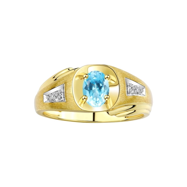 RYLOS Men's Rings 14K Yellow Gold Rings Classic Designer Style 7X5MM Oval Gemstone & Diamond Ring Blue Topaz December Birthstone Rings For Men Size 8