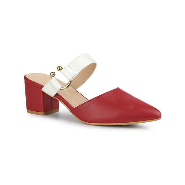 BLISSFUL STEP Women's Pointy Toe Block Heel Dress Mules Pumps Red White 10