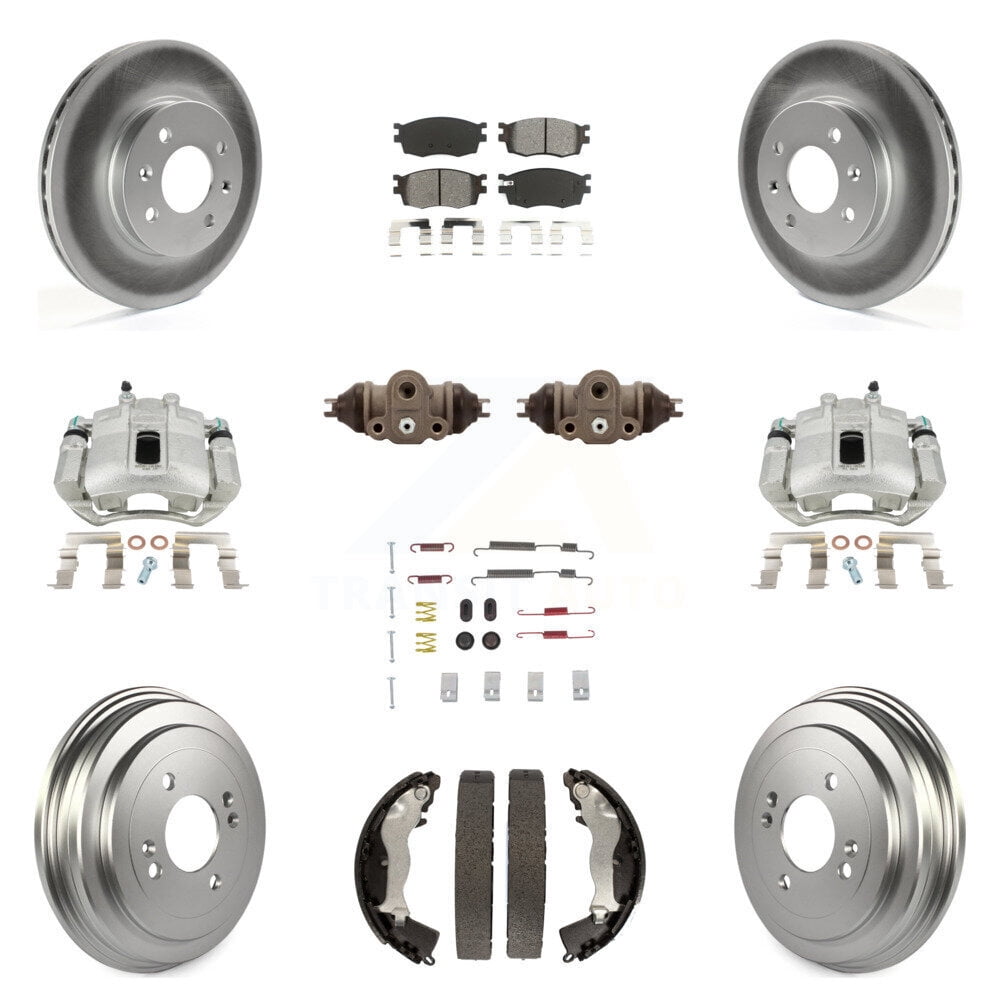 Transit Auto Front Rear Disc Brake Caliper Coated Rotors Drums Semi-Metallic Pads Shoes Wheel Cylinders and Hardware Kit (11Pc) for Car Hyundai Accent Kia Rio Rio5 KCG-100333S