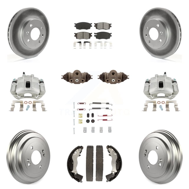 Transit Auto Front Rear Disc Brake Caliper Coated Rotors Drums Semi-Metallic Pads Shoes Wheel Cylinders and Hardware Kit (11Pc) for Car Hyundai Accent Kia Rio Rio5 KCG-100333S