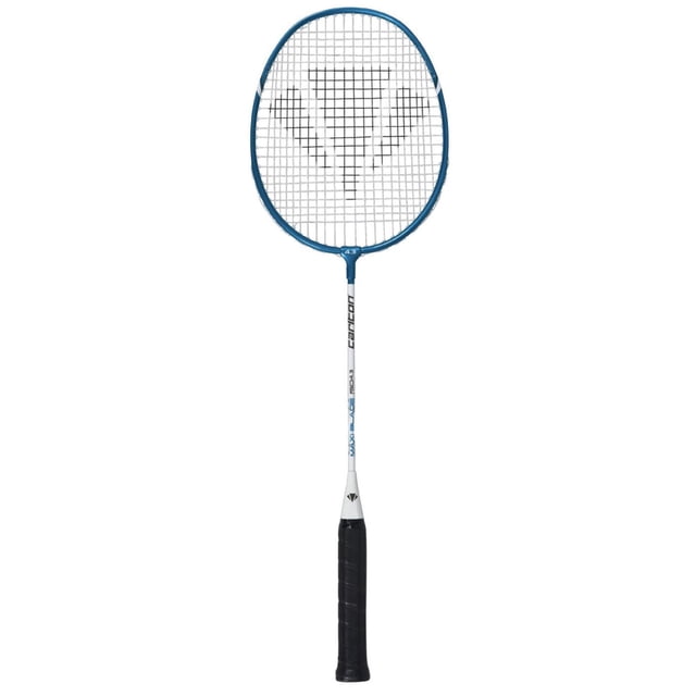 Carlton Maxi Blade ISO 4.3 Badminton Racquet with a blue oval head and white strings featuring a black logo, a white graphite shaft marked 'MAXI BLADE ISO 4.3' and 'carlton', and a black grip, weighing 100g for lightweight, maneuverable play suitable for beginners and recreational use.