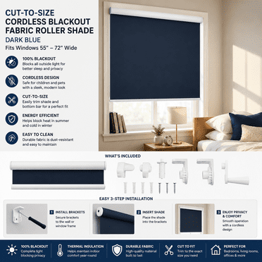 Store Enrouleur en Tissu Occultant Sans Cordon, Découpé sur Mesure, Bleu Foncé, Convient aux Fenêtres de 55–72 Pouces