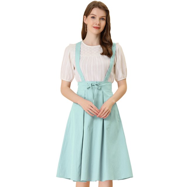 Unique Bargains Jupe Midi Plissée à Bretelles Rétro à Taille Élastique pour Femme, Vert Pâle, TG
