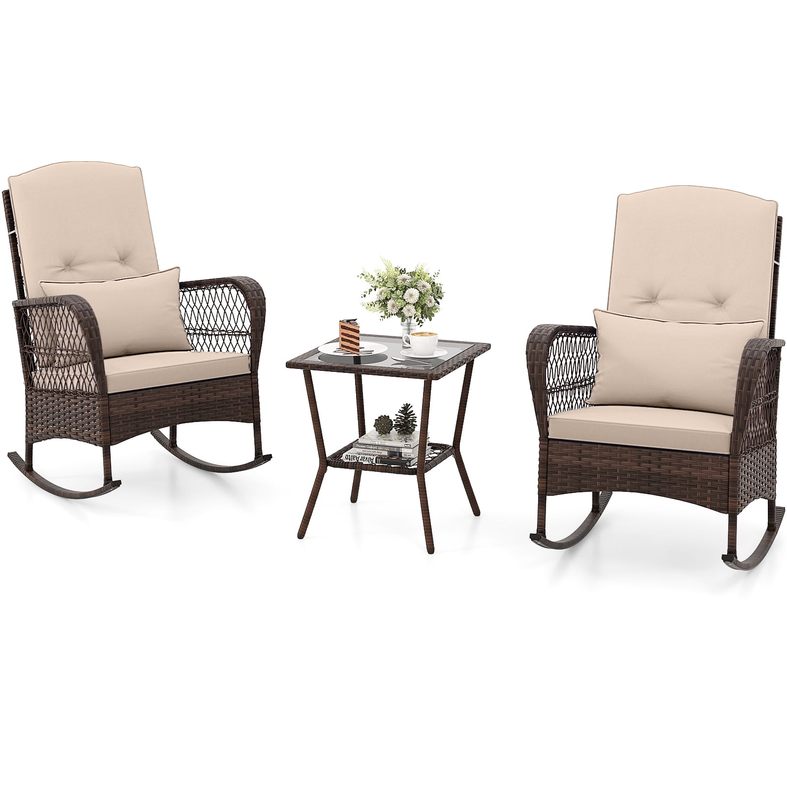 Gymax Ensemble de 3 Pcs pour Patio, Fauteuils Berçants en Osier avec Table Basse à Double Couche, Brun Mélangé
