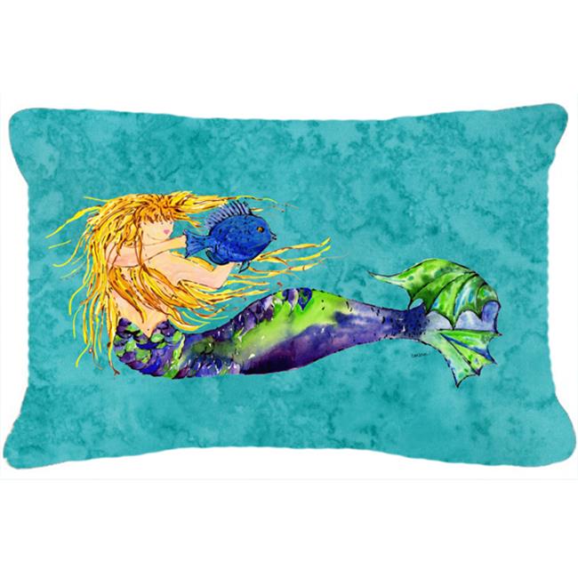 Coussin Décoratif en Toile Blonde Mermaid sur Fond Bleu Sarcelle