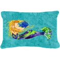 thumbnail image 1 of Coussin Décoratif en Toile Blonde Mermaid sur Fond Bleu Sarcelle, 1 of 1