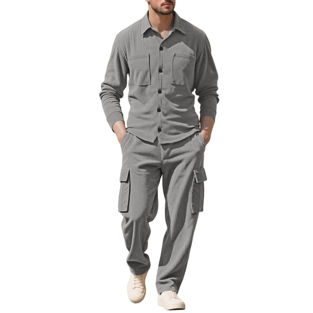 Erwazi Men's Corduroy Cargo Shacket Tracksuit Set 2 Pieces Lapel Long Sleeve Button Down Jacket and Cargo Pants Set
