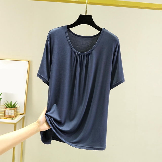 Weiqiqre T-Shirt à Col Rond pour Femme à Manches Courtes Ajusté T-Shirt Mince Uni Haut de Pyjama Pyjama à Manches Courtes