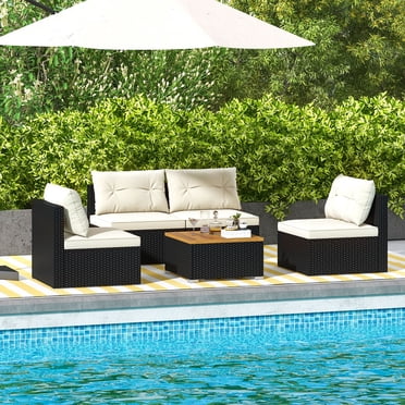 Gymax Ensemble de Canapé en Rotin 5 Pcs Ensemble de Meubles d'Extérieur en Osier avec Coussins de Dossier et Table Basse Carrée