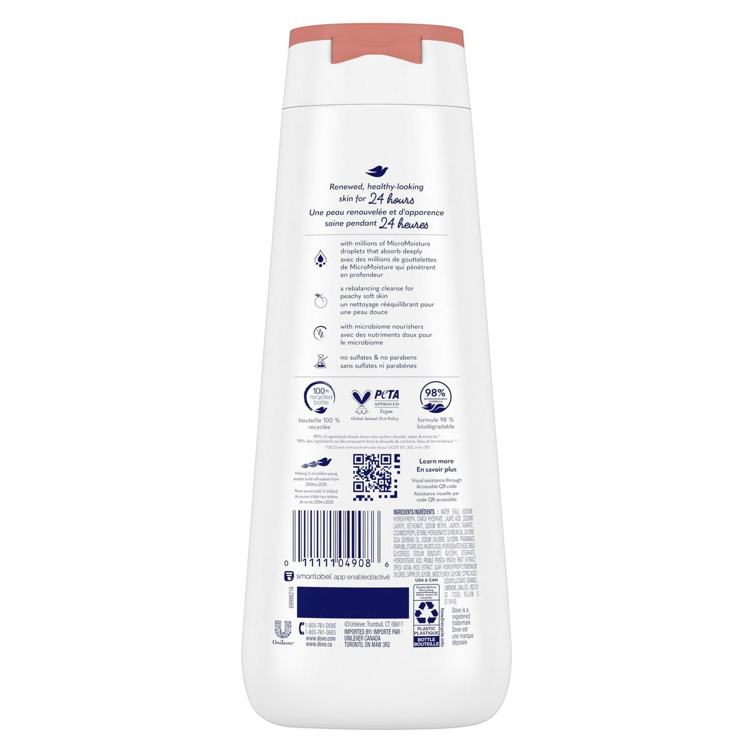 Dove Nettoyant Corporel pour 24 H de Peau Douce Pêche Blanche + Lait de Riz Rééquilibrant, 591 ml