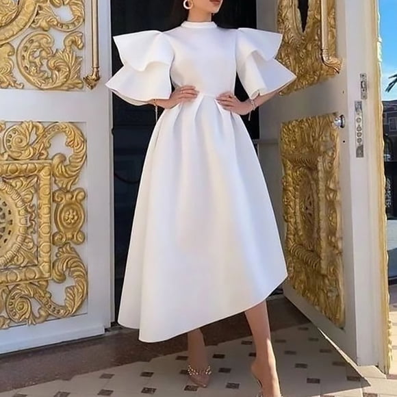 EQWLJWE Summer Saving Clearance ! Women's 3/4 Fold Multi layered Sleeves Round Neck Asymmetric Large Dress Party Dress Hem Dress Summer Dresses 2023