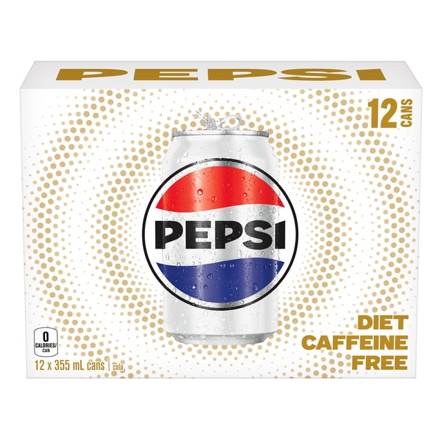 Pepsi Diet Caffeine Free Cola 12 x 355 mL cans pack with a front-facing silver can featuring the red, white, and blue Pepsi logo on a white background with gold dotted pattern, highlighting zero calories and caffeine-free diet cola, suitable for sharing and refreshing soft drink occasions.