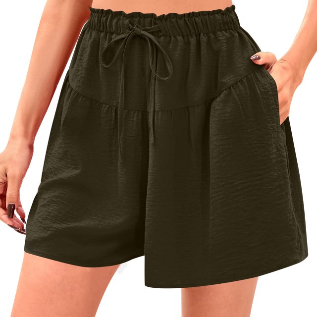 Ovticza Womens Linen Shorts 2025 Summer Drawstring Ruffle Elastic High Waist Solid Color Casual Beach Shorts with Pockets Green 2XL