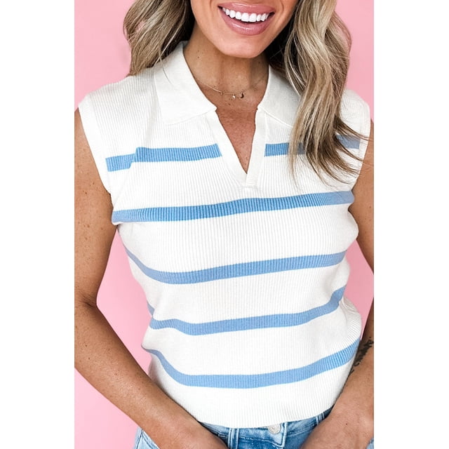I AM A FASHION JUNKY Sky Blue Stripe Split V Neck Collared Ribbed Sweater Vest (SkyBlueStripe, L, 70%Viscose+30%Polyamide)