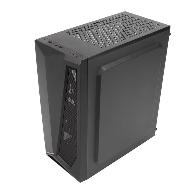 Gaming PC Desktop Computer with a black SECC sheet desktop chassis featuring a tempered glass side panel and asymmetrical design. This gaming case is compatible with ATX, Micro ATX, and Mini ITX motherboards, supporting up to 7 PCI slots, 165mm CPU heat sinks, and 280mm graphics cards. Includes USB 3.0 and USB 2.0 ports, audio jacks, and fan support for optimal cooling. Approximate dimensions are 425 x 370 x 190mm.