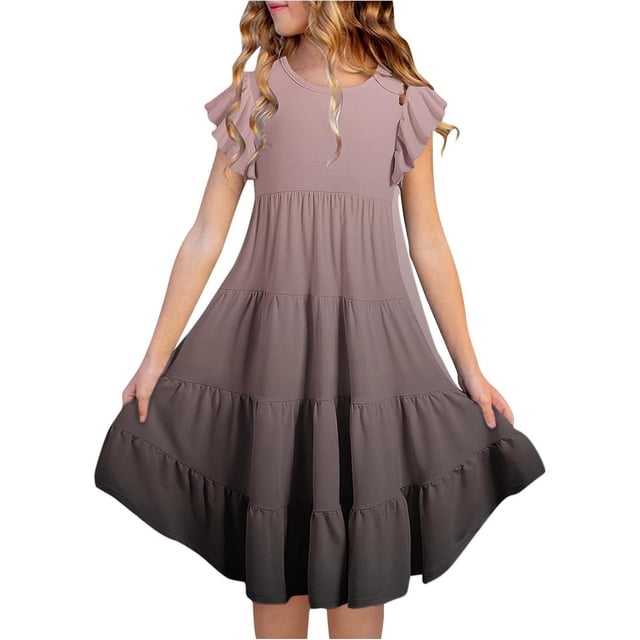 GDREDA Robes Fille 7 Robe d'Été pour Filles Couleur Dégradée Col Rond Manches Volantées Robe Trapèze à Étages Respirante Confortable Robe Ludique pour Enfants Tout-Petits Fête d'Anniversaire et Usage Quotidien Brun,10-11 Ans