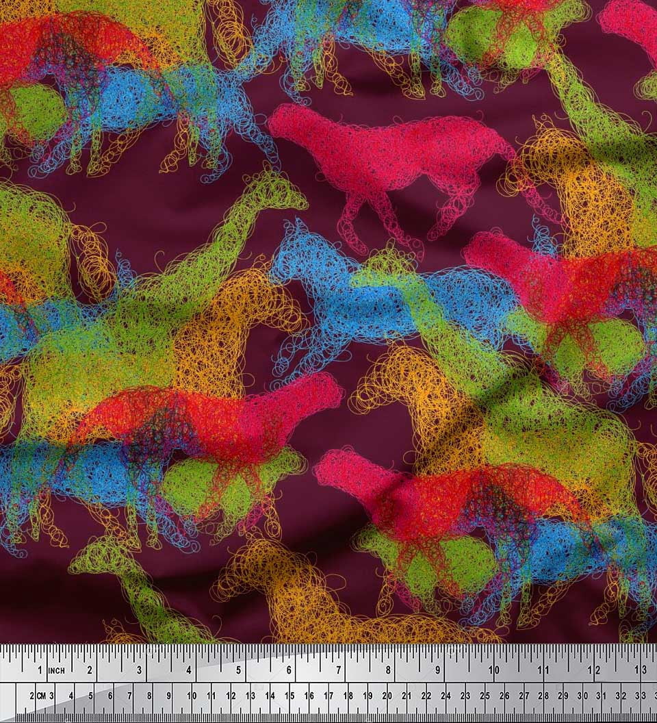 Soimoi Red polyester Crepe Fabric Giraffe,Leopard & Horse Animal Decor Fabric Printed BTY 52 Inch Wide