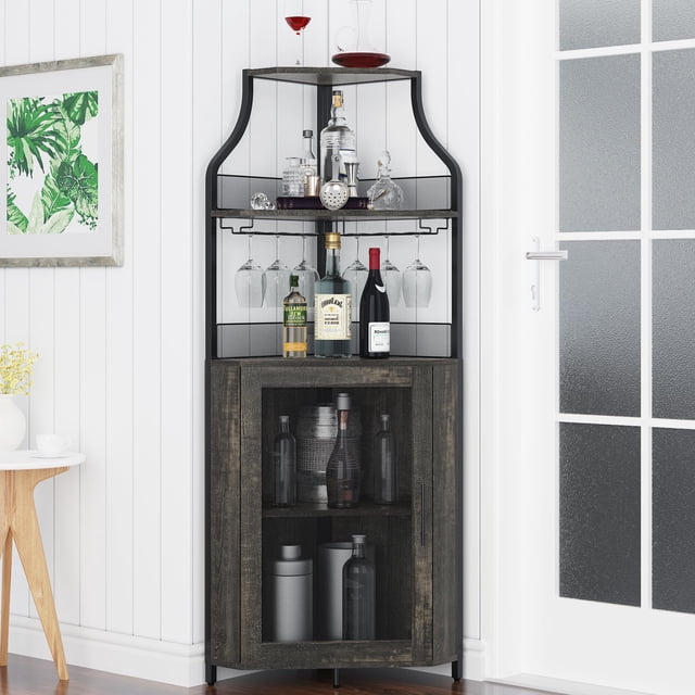 EDTara Corner Wine Cabinet with Removable Wine Rack, Wine Bar Cabinet with Barn Door and Adjustable Shelves, Industrial Wine Cabinet for Dining Room, Living Room,Kitchen