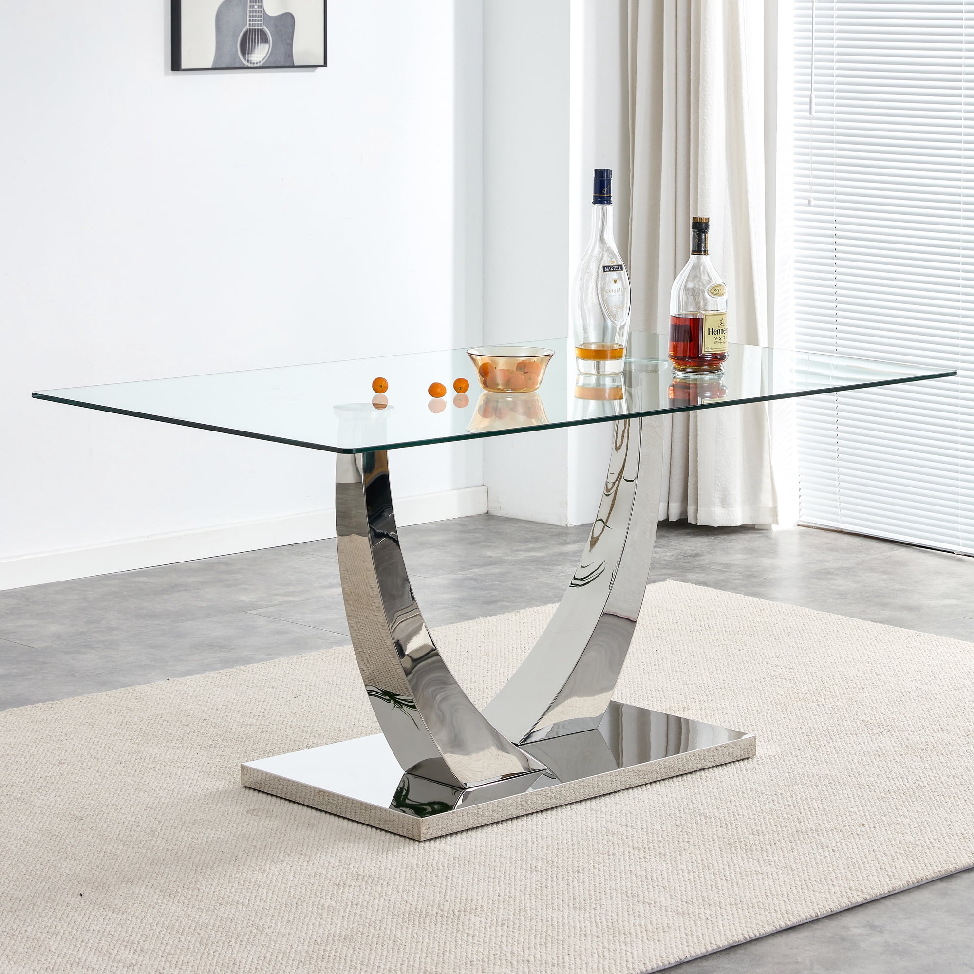 Table de salle à manger rectangulaire moderne Noble House 160 cm, plateau en verre trempé 1 cm d'épaisseur, argent