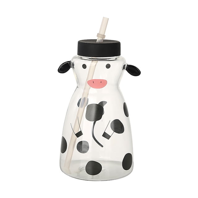 Glass Cup With Straw,600MLCreative Glass Straw Cup Cow Shape Glass Cup Glass Cup Exquisite Design