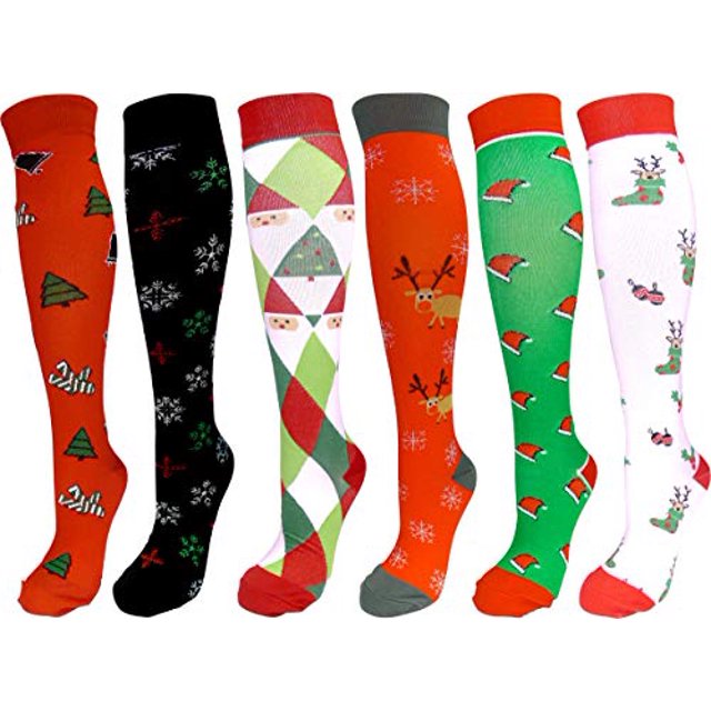 6 Pair Graduated Compression Socks for Men and Women (Christmas #3, Small/Medium)