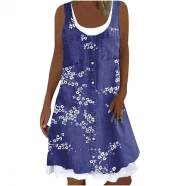 TopLLC Fake Two Piece Dress Floral Printed Sleeveless Casual Spring Summer Dress Loose T-Shirt Dress Plus Size Dresses for Women