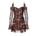 thumbnail image 3 of Women Mesh Mini Dress Vintage Printed Long Sleeve Off Shoulder Backless Ruched Bust Summer Beach Streetwear, 3 of 6