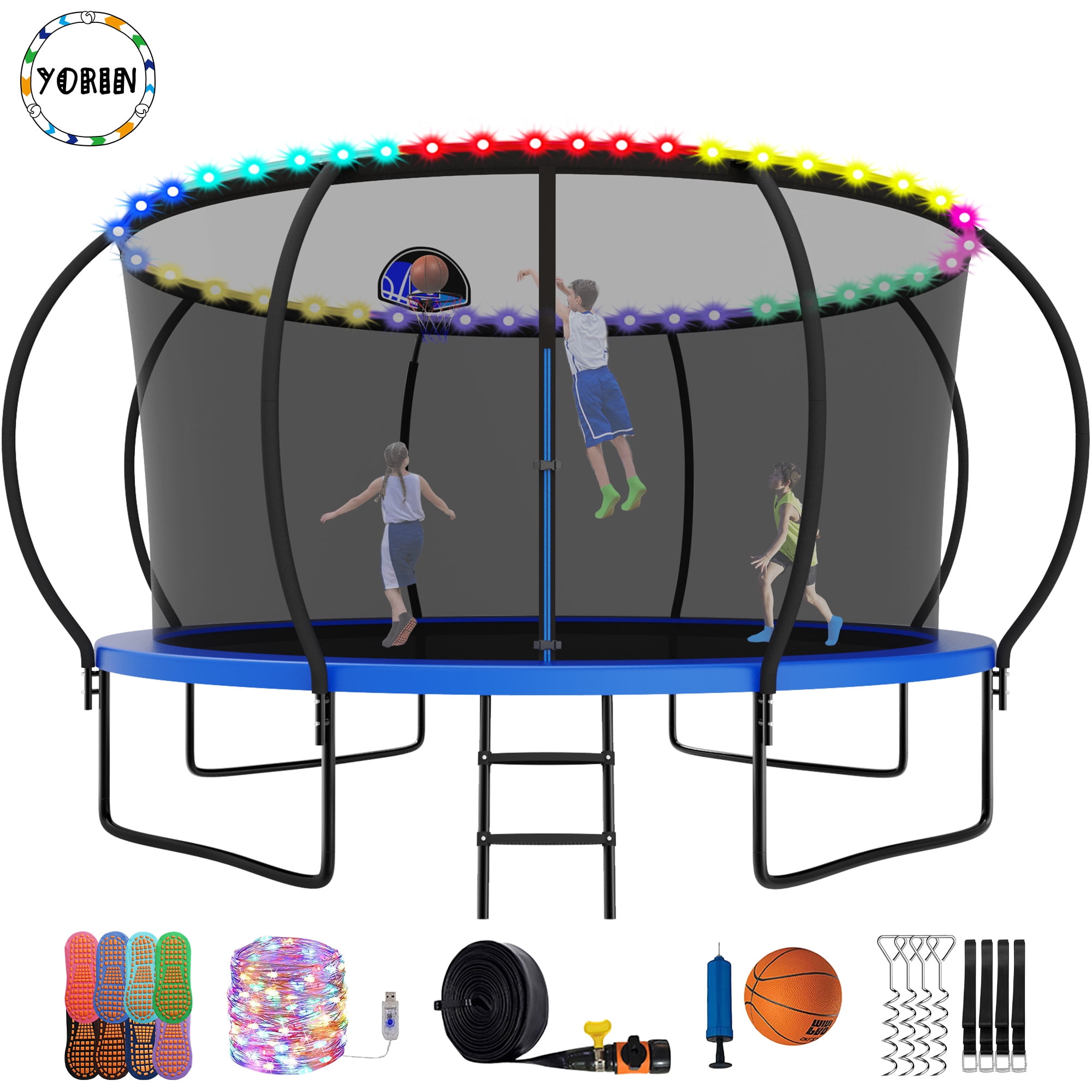 YORIN Trampoline pour Enfants de 7 à 8 Ans, Trampoline de 14 Pi pour Adultes avec Filet de Protection, Panier de Basketball, Échelle, Trampoline Récréatif Extérieur de 1400 Lb, Trampoline Robuste avec Lumière, Arroseur, Bas