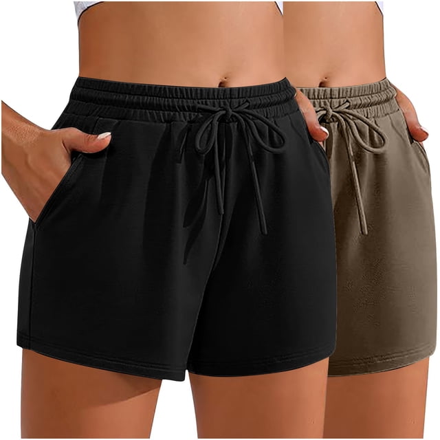 Plebaso 2 Pack Womens Sweat Shorts Casual Drawstring Running High Waisted Athletic Shorts with Pockets