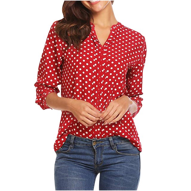CEHVOM Chandail Blouse à Manches Longues à Col en V pour Femmes, Décontracté et Confortable, à Pois Imprimés, Liquidation