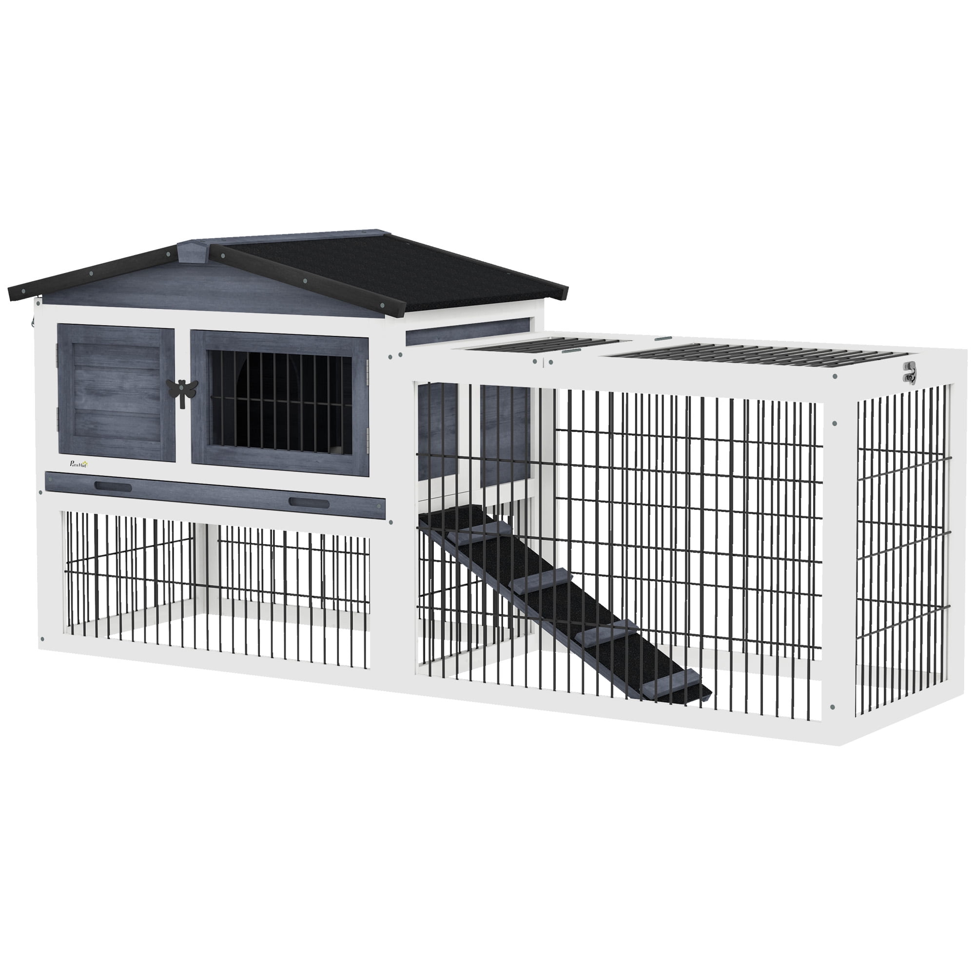 PawHut Wooden Rabbit Hutch w/ Ramp Openable Roof Pull-out Tray, Dark Grey